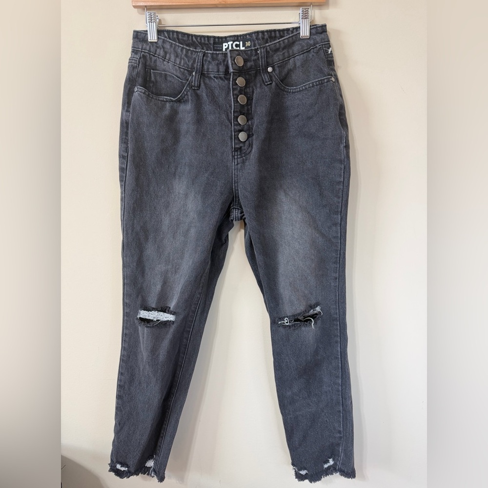 PTCL Vintage Hi-Rise Black Button Fly Jeans Womens Size 30 Raw Hem